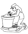 Girl sitting on a flower knees to feet, in addition to her flowers and a small shovel